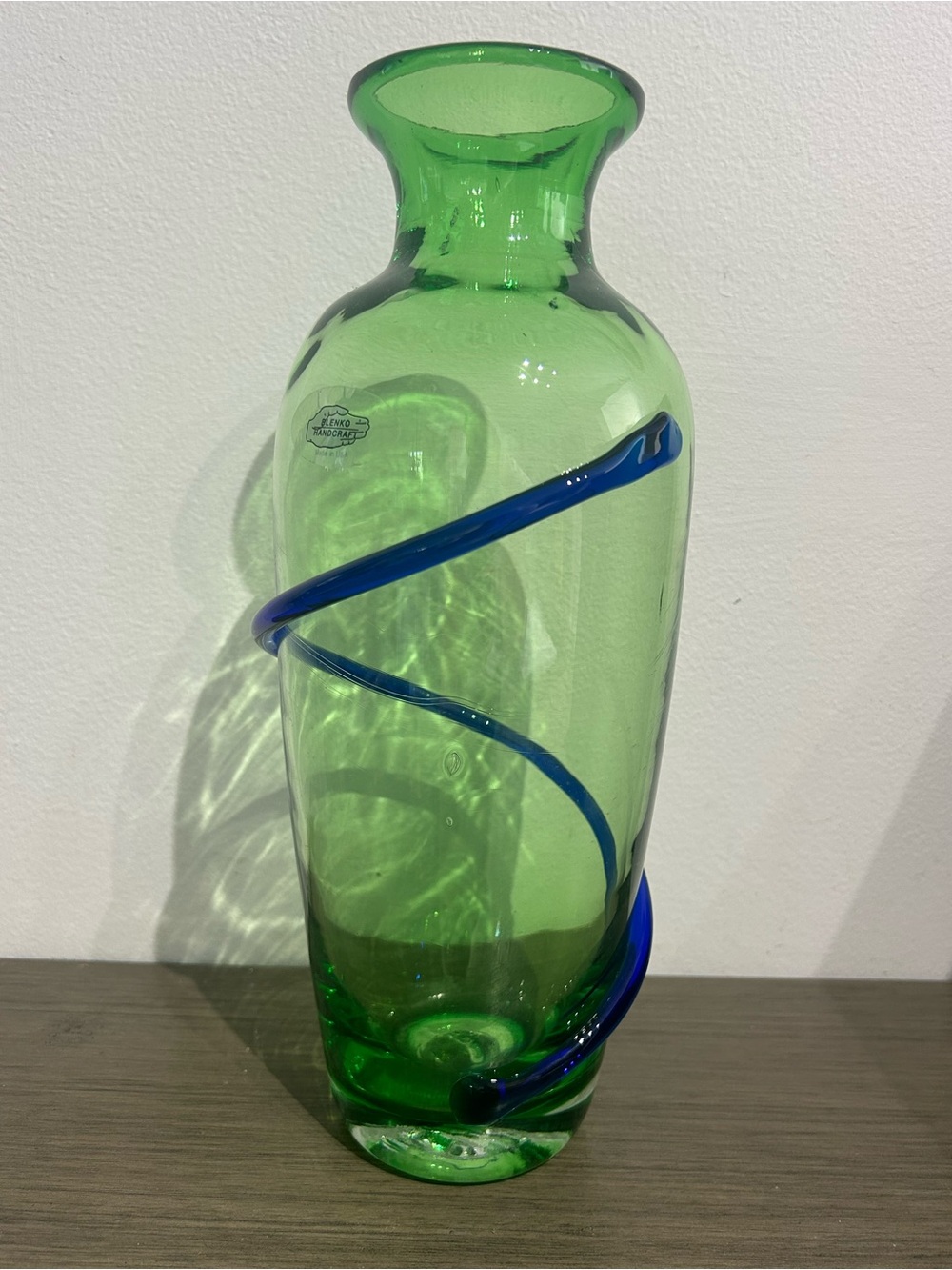 Blenko Green Vase Blue Applied Swirl 11 3/4” Rare 2014 Signed